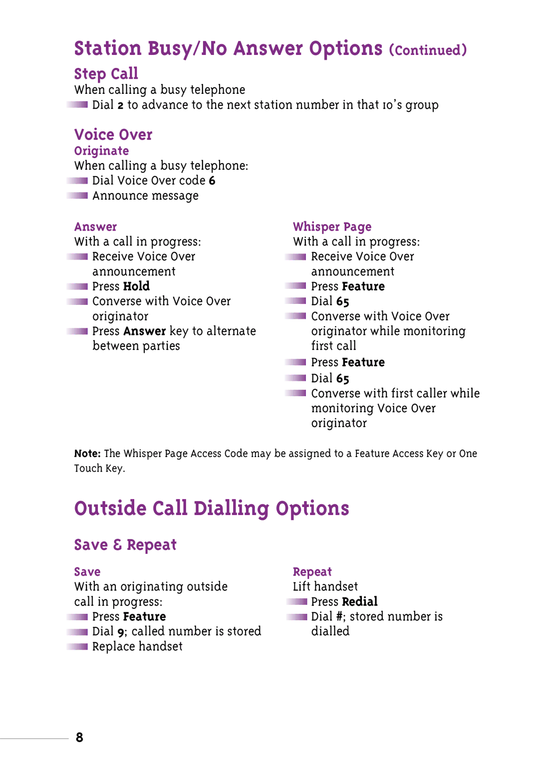 NEC Xen manual Outside Call Dialling Options, Step Call, Voice Over, Save & Repeat 