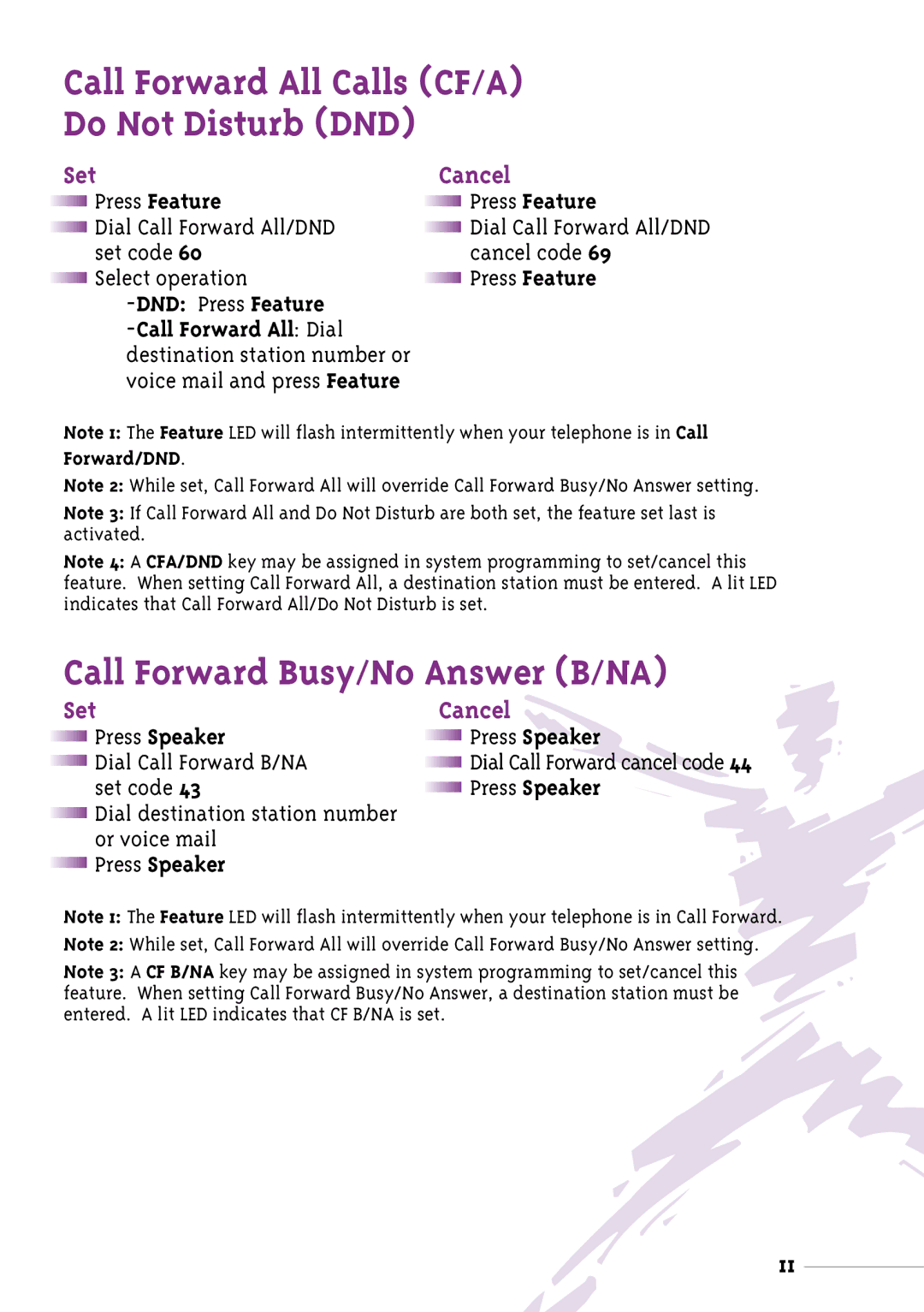 NEC Xen manual Call Forward All Calls CF/A Do Not Disturb DND, Call Forward Busy/No Answer B/NA 