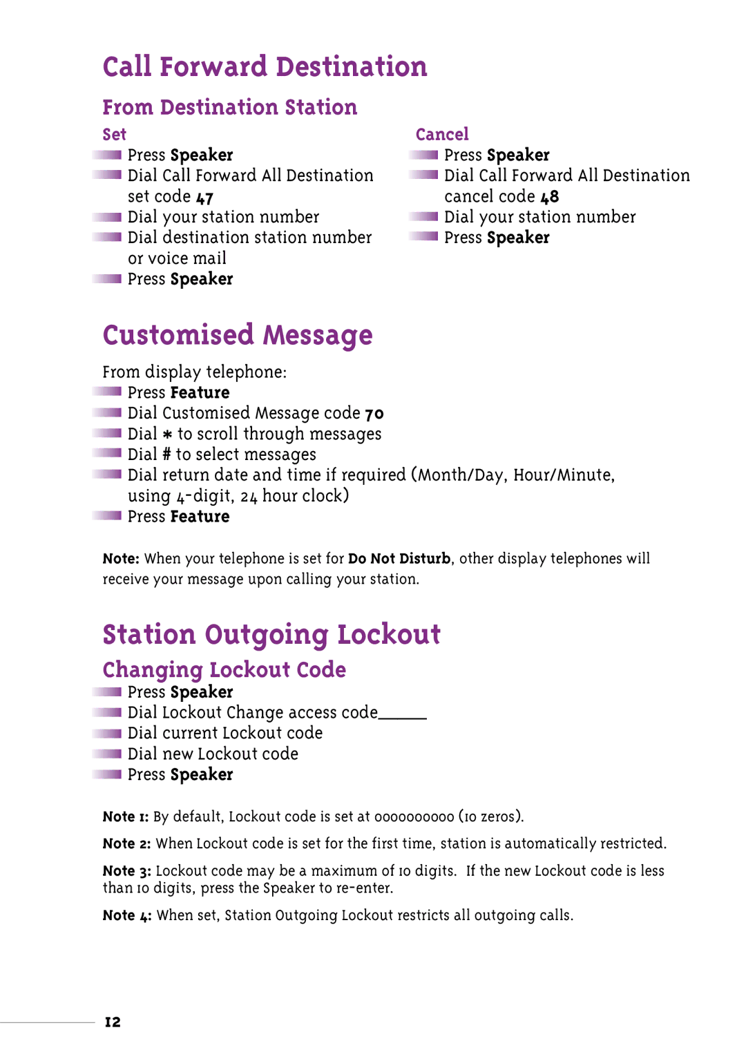 NEC Xen manual Call Forward Destination, Customised Message, Station Outgoing Lockout, From Destination Station 