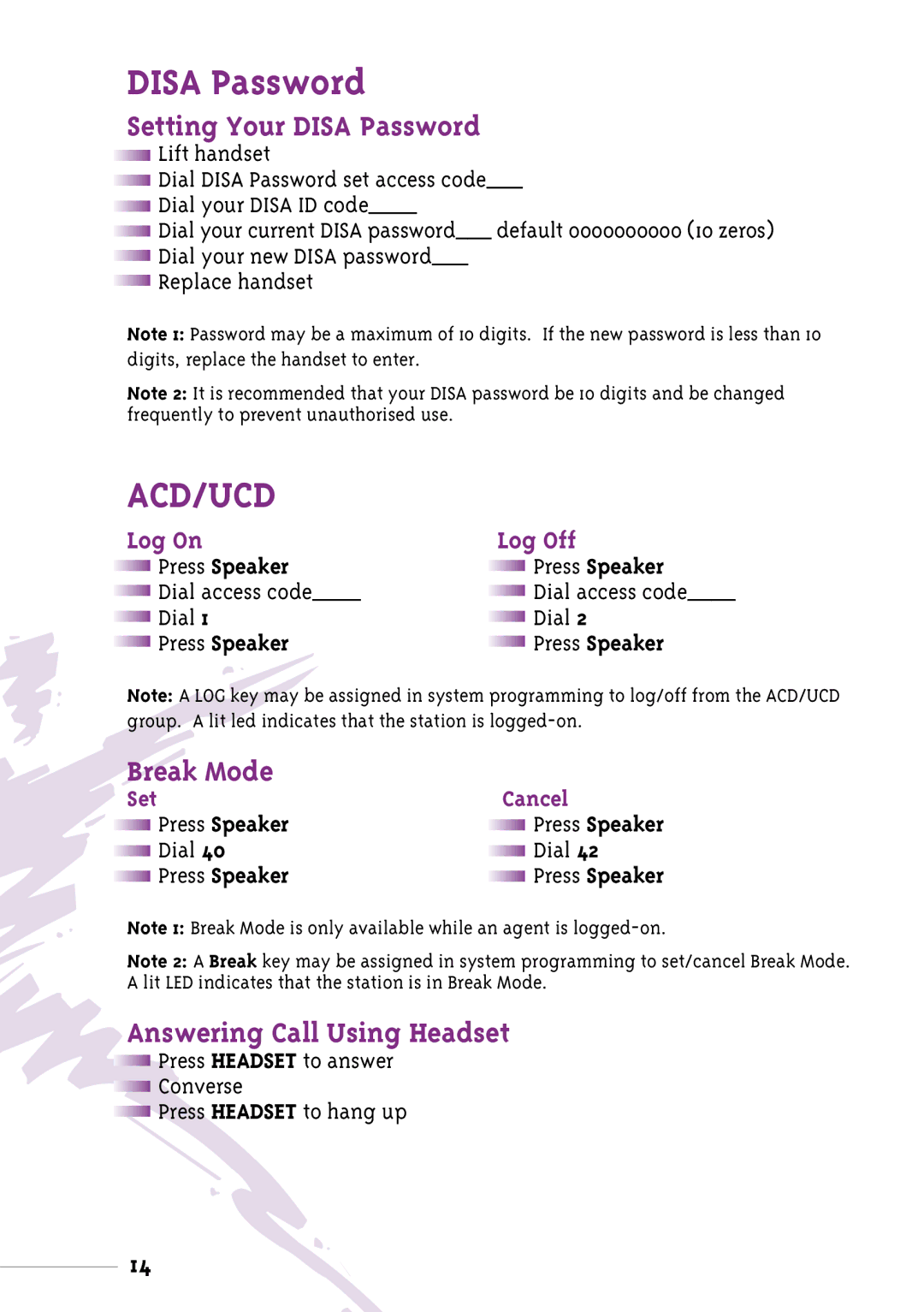 NEC Xen manual Setting Your Disa Password, Break Mode, Answering Call Using Headset, Set Cancel 