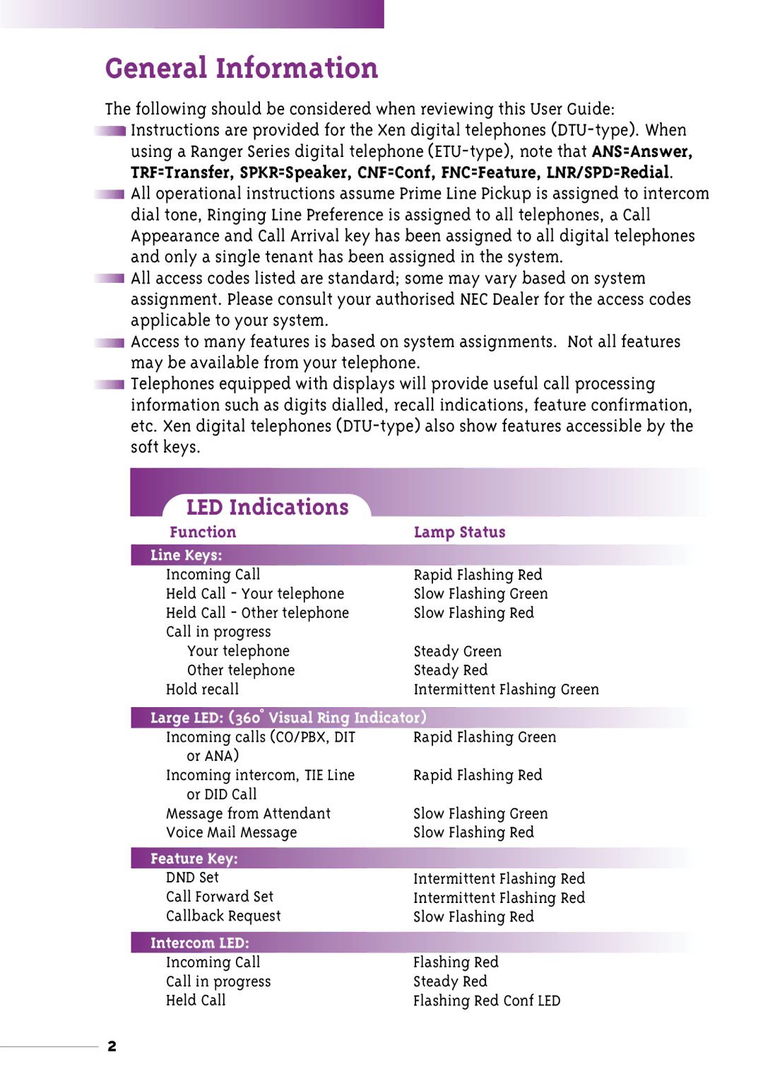 NEC Xen manual General Information, LED Indications 