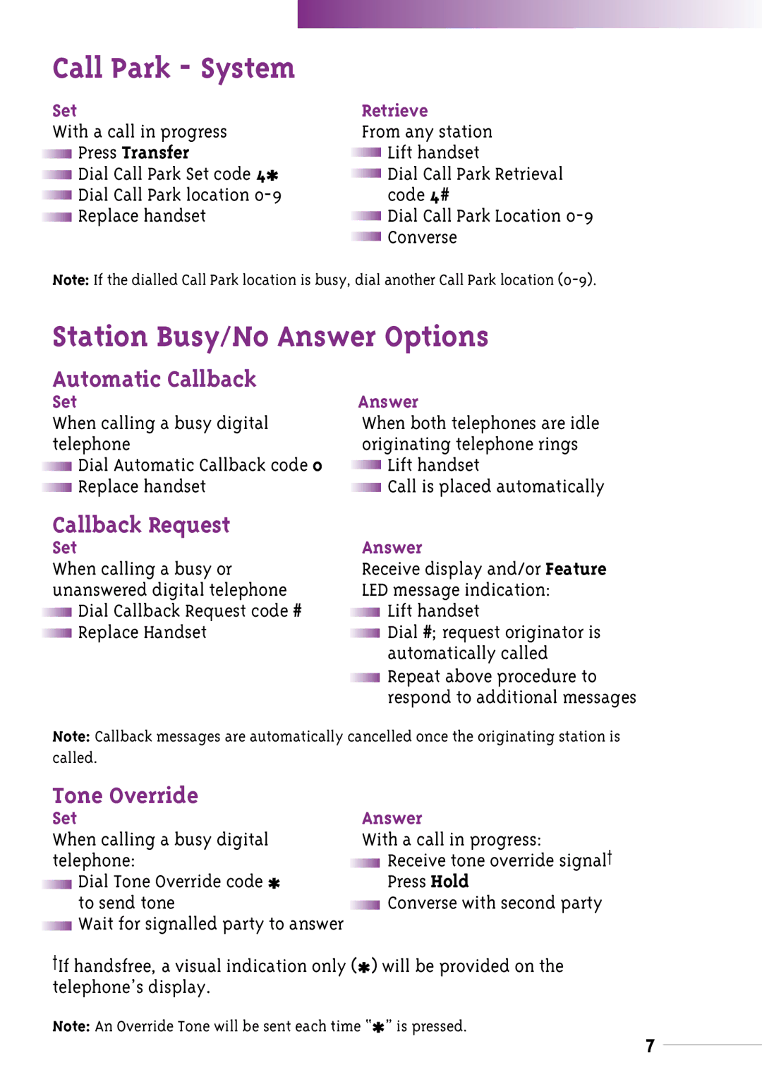 NEC Xen manual Call Park System, Station Busy/No Answer Options, Automatic Callback, Callback Request, Tone Override 