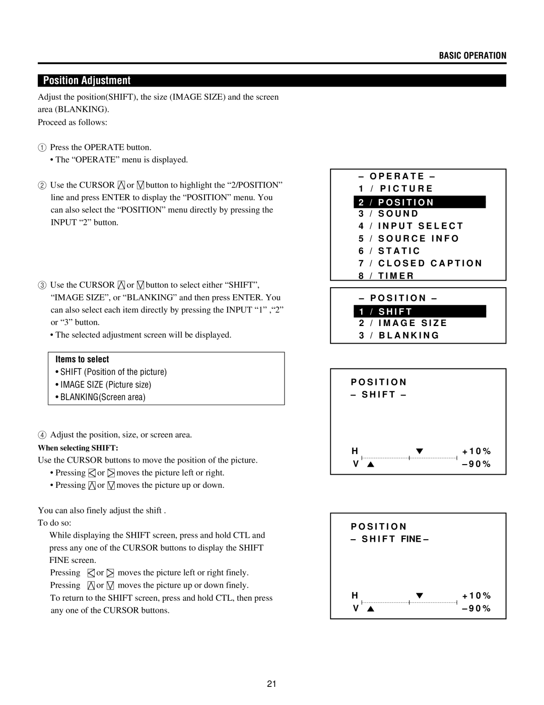 NEC XG85, XG135LC, XG-1352G, XG-852G operation manual Position Adjustment 