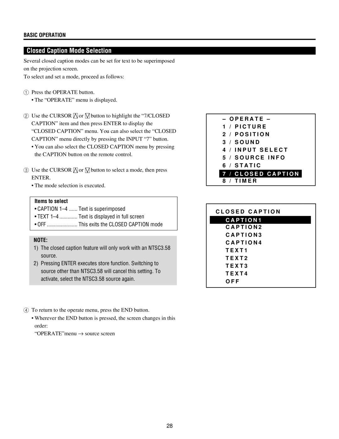 NEC XG135LC, XG-1352G, XG85, XG-852G operation manual Closed Caption Mode Selection, P T I O N X T 