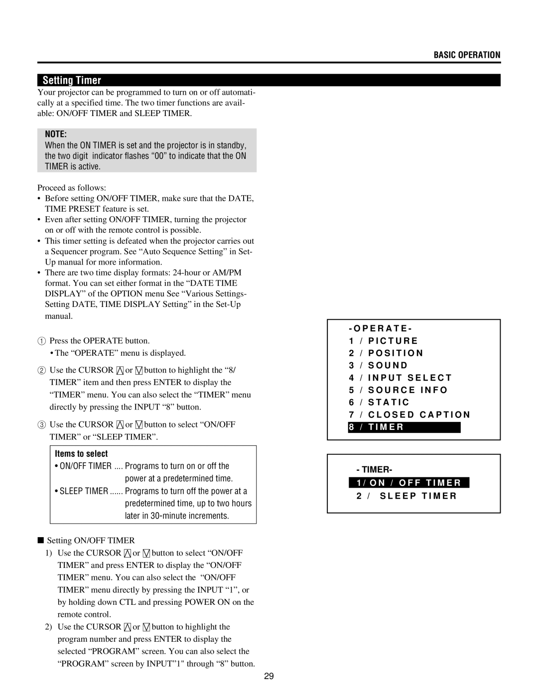 NEC XG-852G, XG135LC, XG-1352G, XG85 operation manual Setting Timer, L O S E D C a P T I O N 