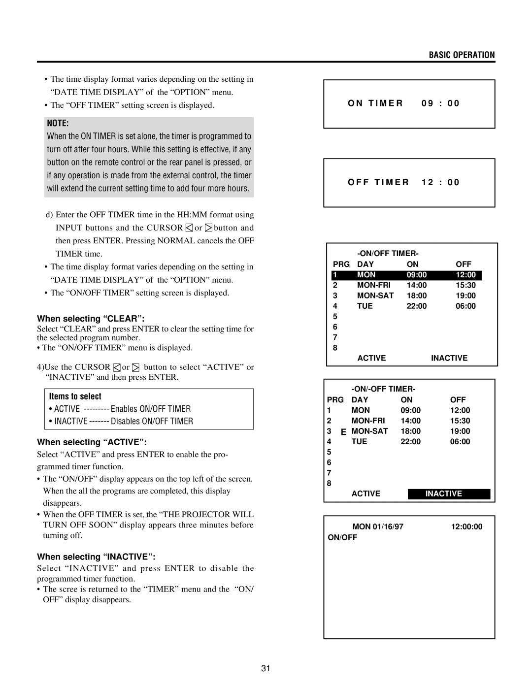 NEC XG135LC, XG-852 F T I M E R 1 2 0, When selecting Clear, Active --------- Enables ON/OFF Timer, When selecting Active 