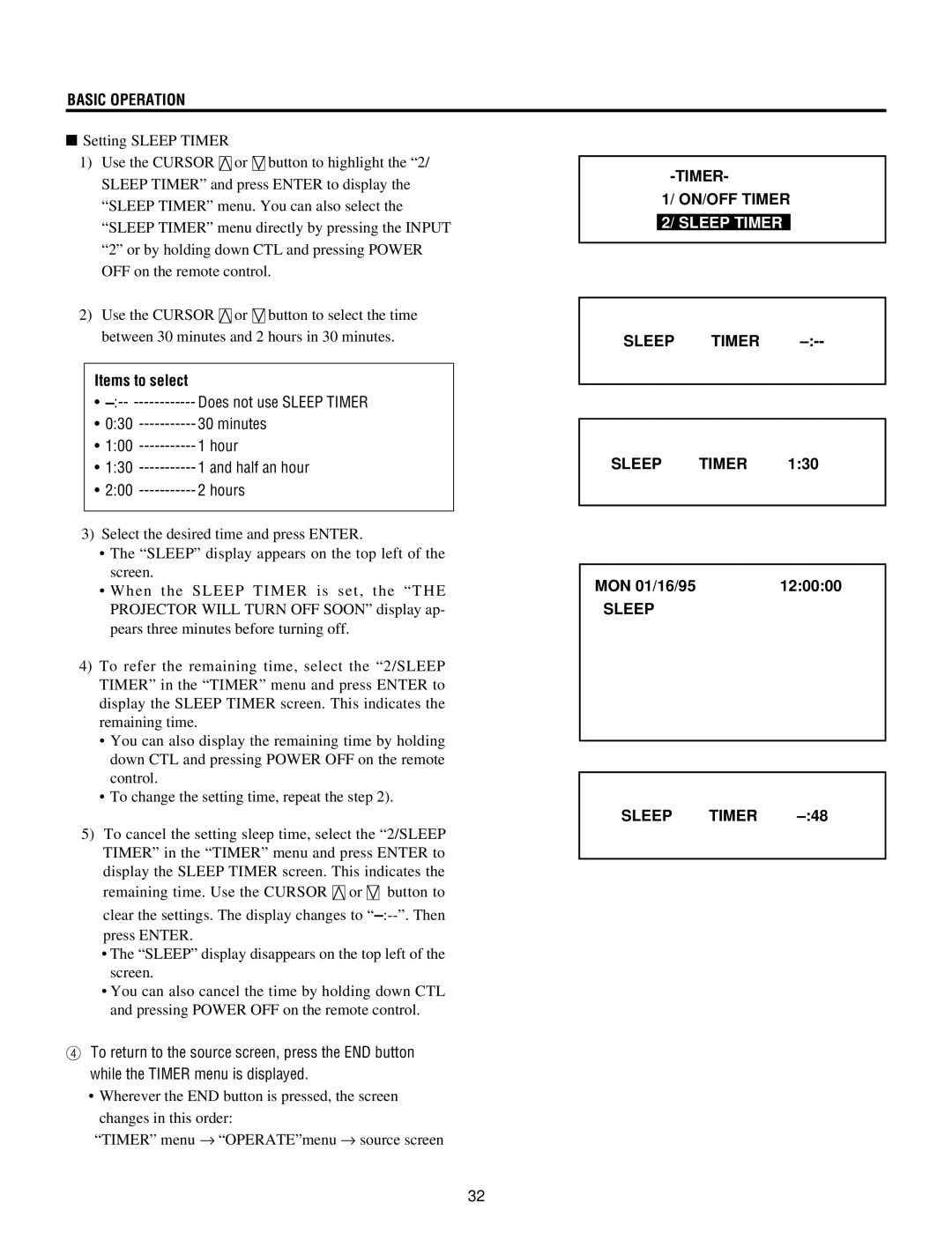 NEC XG-1352G, XG135LC, XG85, XG-852G operation manual Sleep Timer, MON 01/16/95 120000 