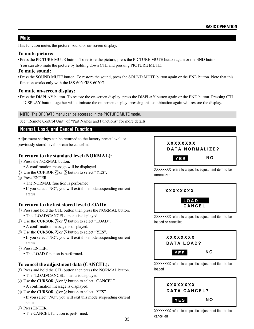 NEC XG85, XG135LC, XG-1352G, XG-852G operation manual Mute, Normal, Load, and Cancel Function 