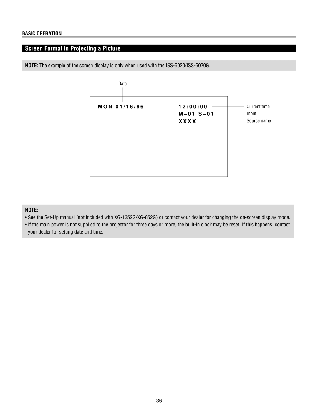 NEC XG135LC, XG-1352G, XG85, XG-852G operation manual Screen Format in Projecting a Picture, N 0 1 / 1 6 / 9 0 0 0 1 S 0 