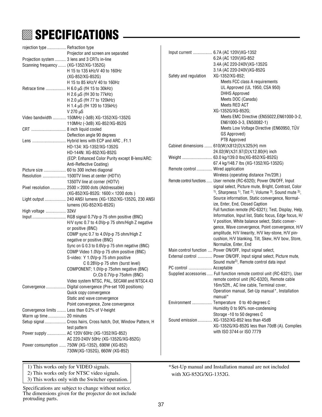 NEC XG135LC, XG-1352G, XG85, XG-852G operation manual Specifications, Safety and regulation XG-1352/XG-852 