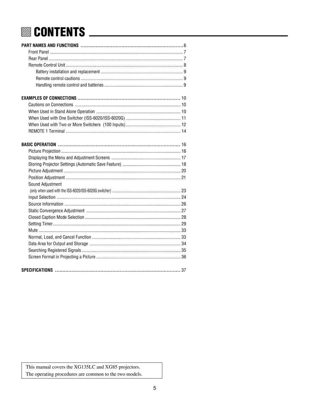 NEC XG-852G, XG135LC, XG-1352G, XG85 operation manual 12345, Contents 