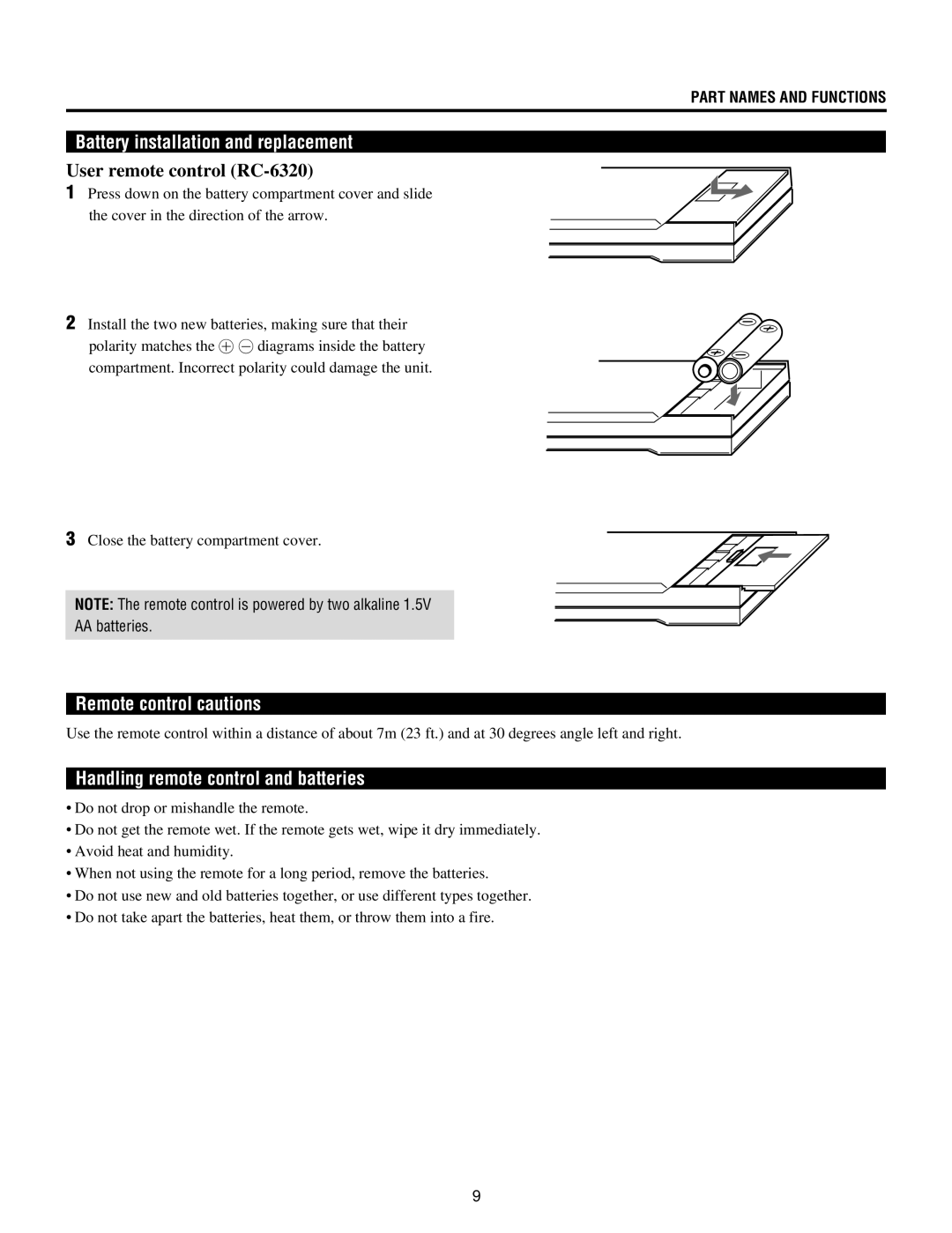 NEC XG85, XG-852, XG135LC Battery installation and replacement, User remote control RC-6320, Remote control cautions 