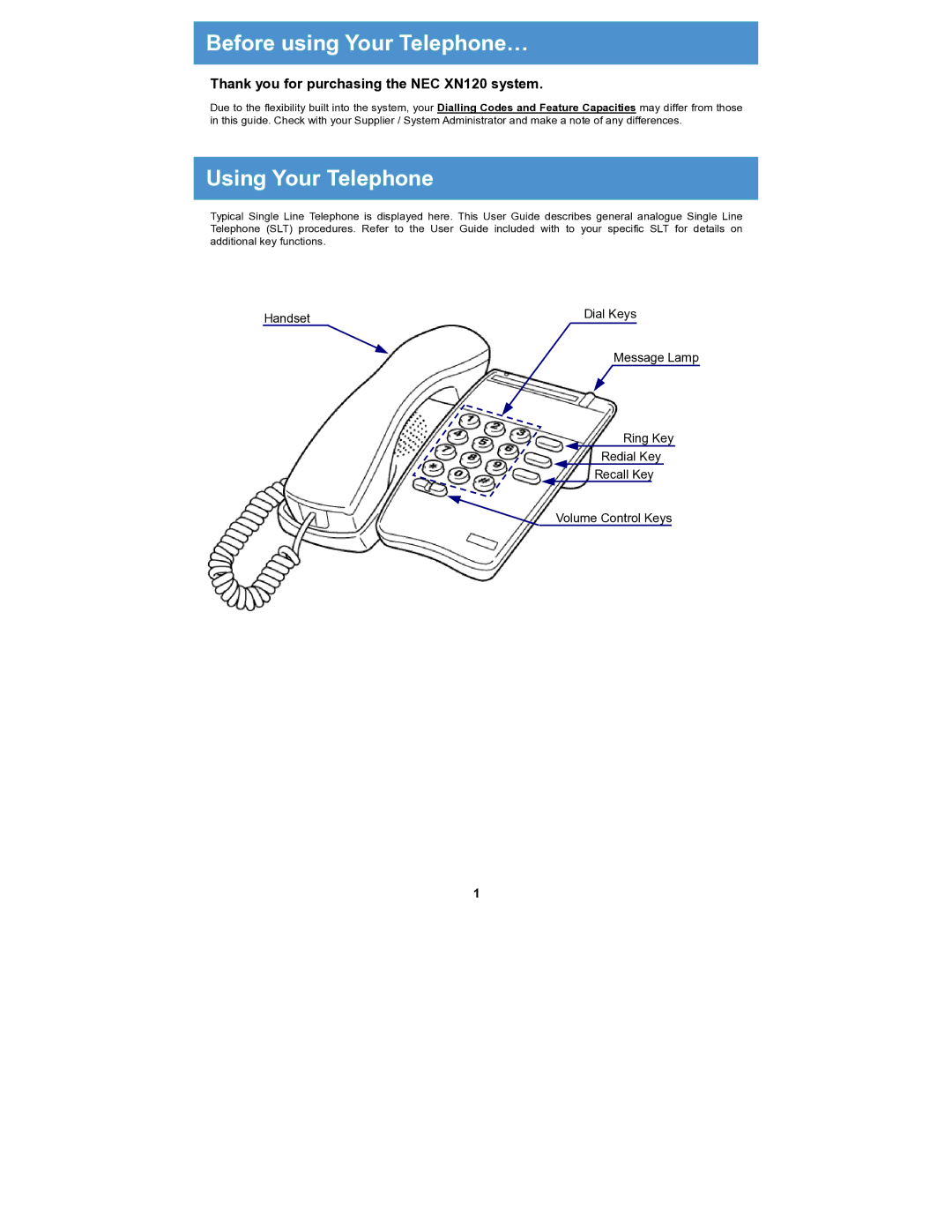 NEC XN 120 manual Before using Your Telephone…, Using Your Telephone, Thank you for purchasing the NEC XN120 system 