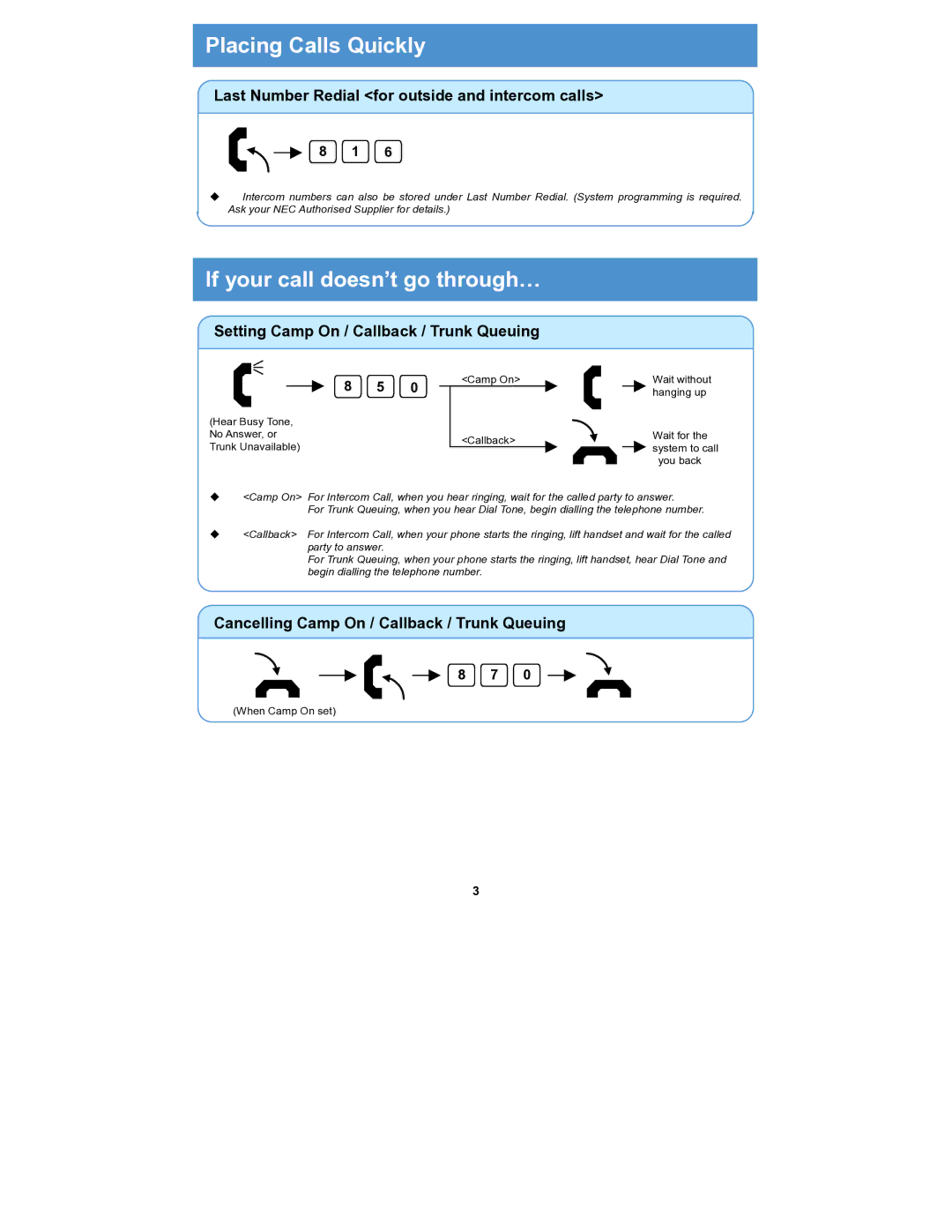 NEC XN 120 manual If your call doesn’t go through…, Last Number Redial for outside and intercom calls 