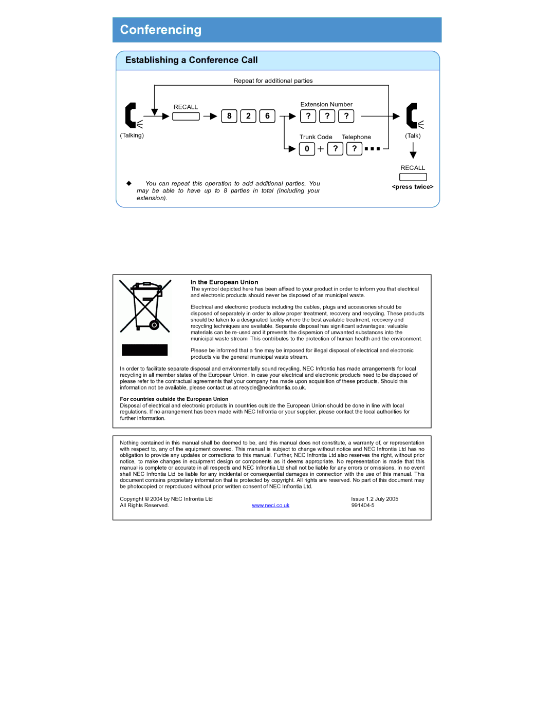 NEC XN 120 manual Conferencing, Establishing a Conference Call, Extension Number Talking Trunk Code Telephone, Press twice 