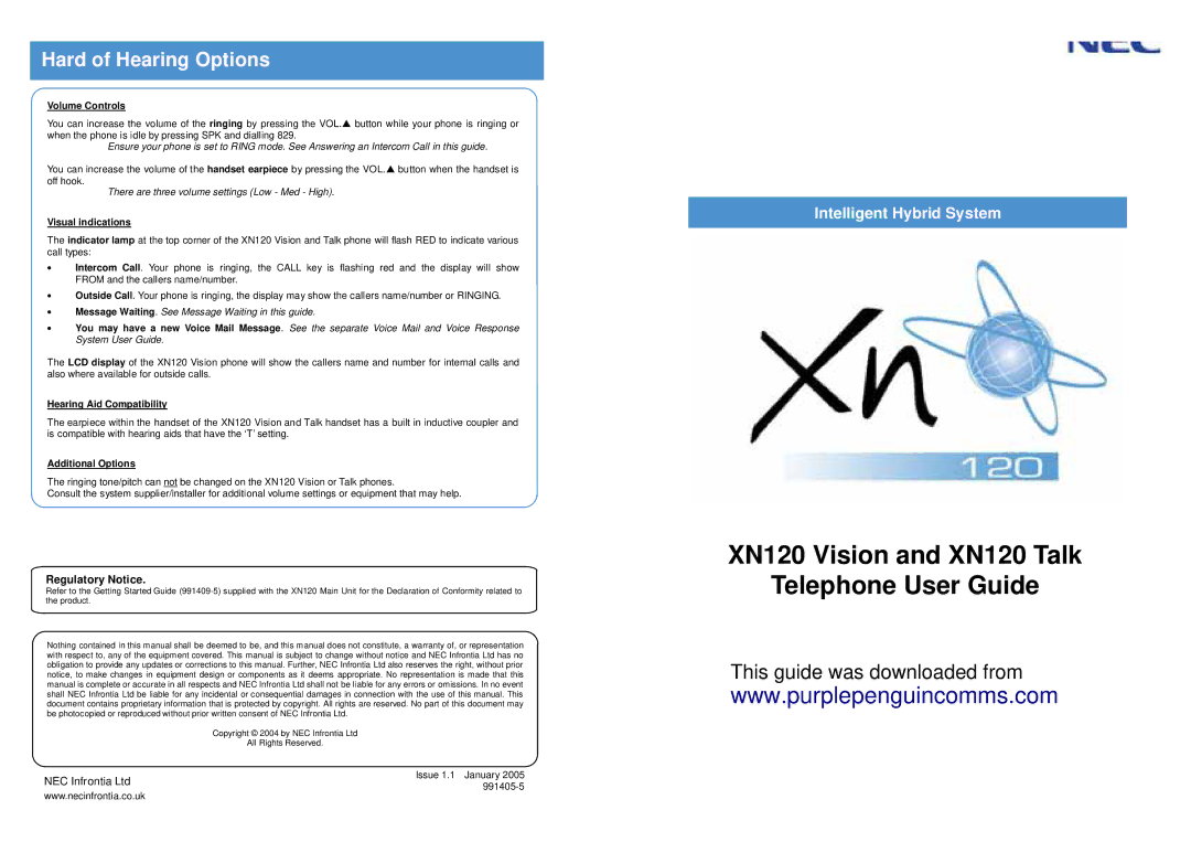 NEC Xn120 Vision, Xn120 Talk warranty Hard of Hearing Options, Regulatory Notice 