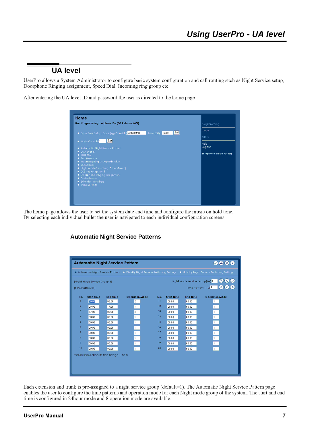 NEC XN120 manual Using UserPro UA level, Automatic Night Service Patterns 