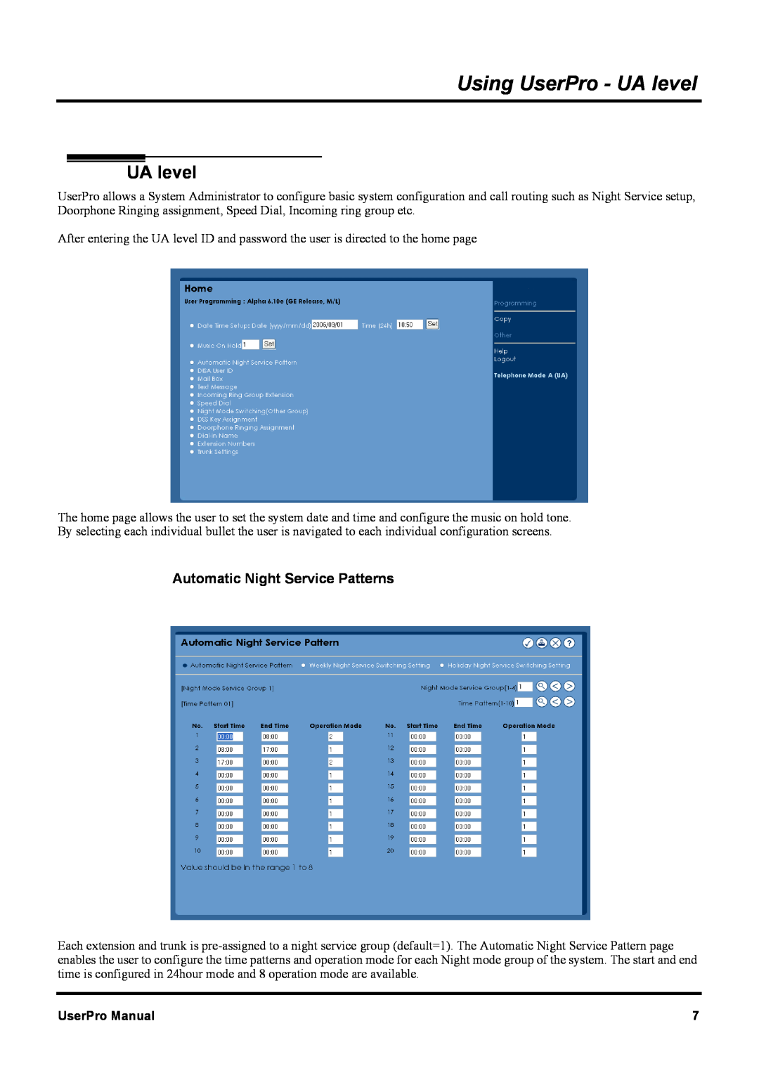 NEC XN120 manual Using UserPro - UA level, Automatic Night Service Patterns, UserPro Manual 