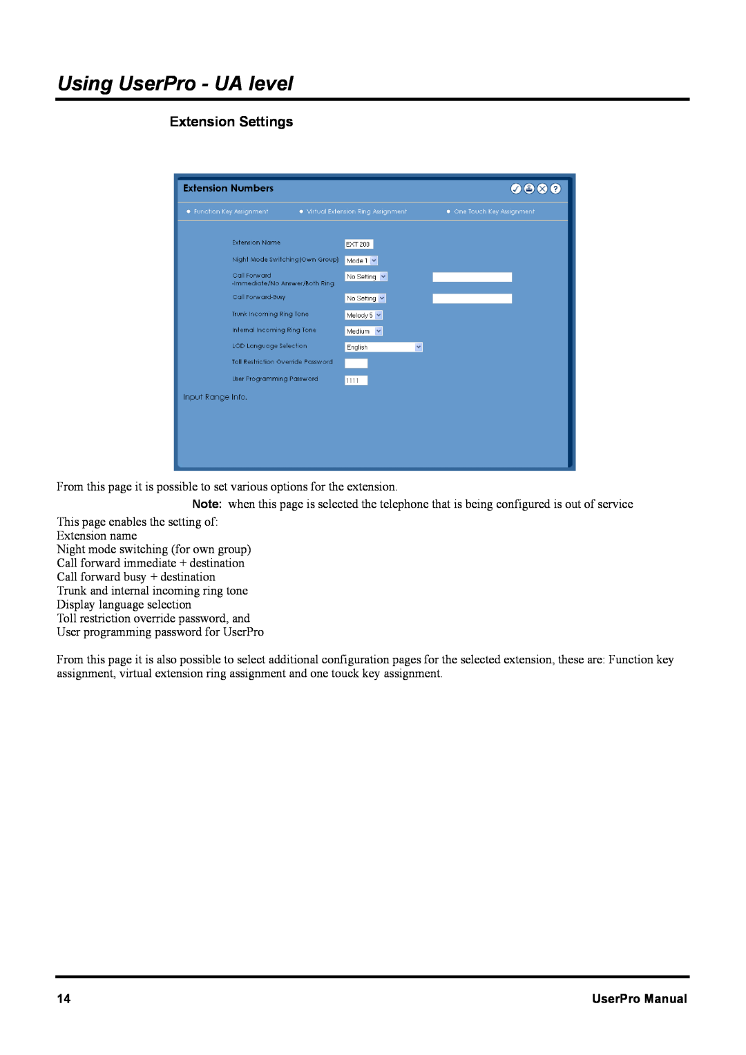 NEC XN120 manual Using UserPro - UA level, Extension Settings, UserPro Manual 