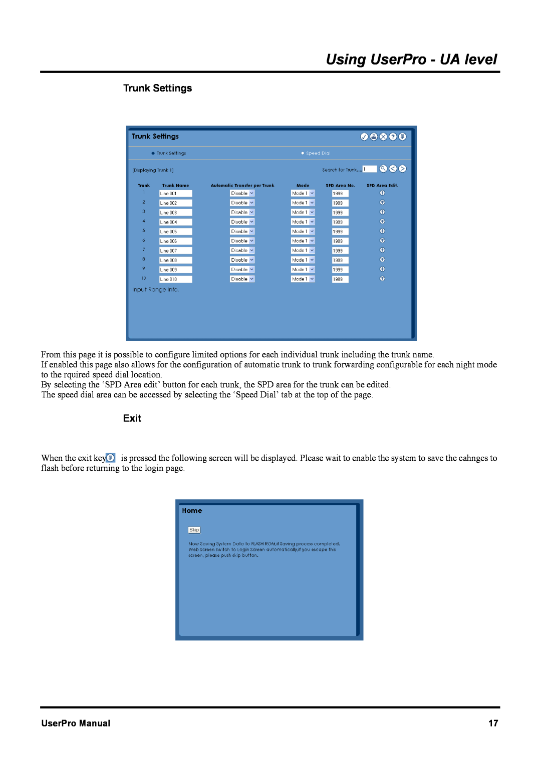 NEC XN120 manual Using UserPro - UA level, Trunk Settings, Exit, UserPro Manual 