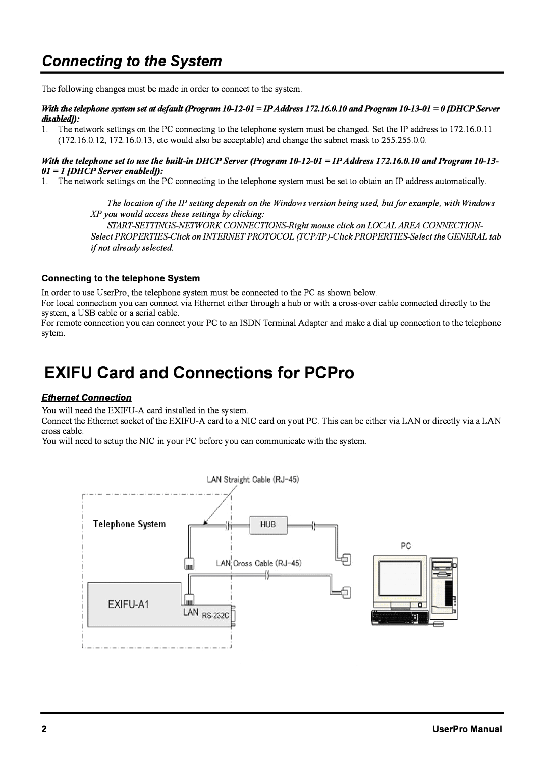 NEC XN120 manual EXIFU Card and Connections for PCPro, Connecting to the System, Connecting to the telephone System 