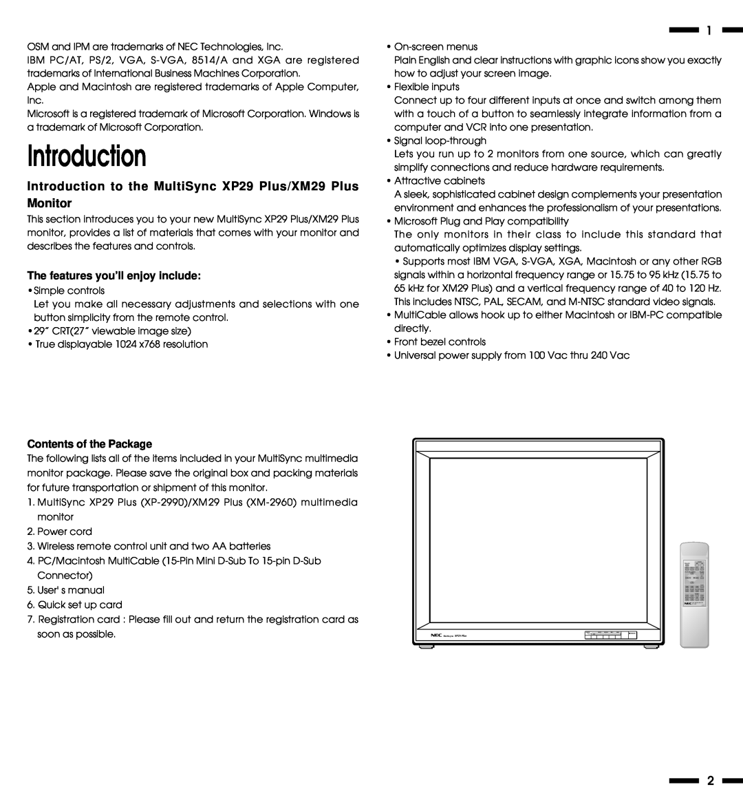 NEC XP29, XM29 Plus user manual Introduction, The features you’ll enjoy include, Contents of the Package, soon as possible 