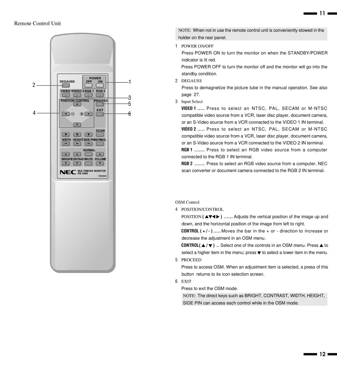 NEC XP29 Plus, XM29 Plus, XP29, XM29 Plus user manual Remote Control Unit, Power ON/OFF, Degauss, Position/Control 