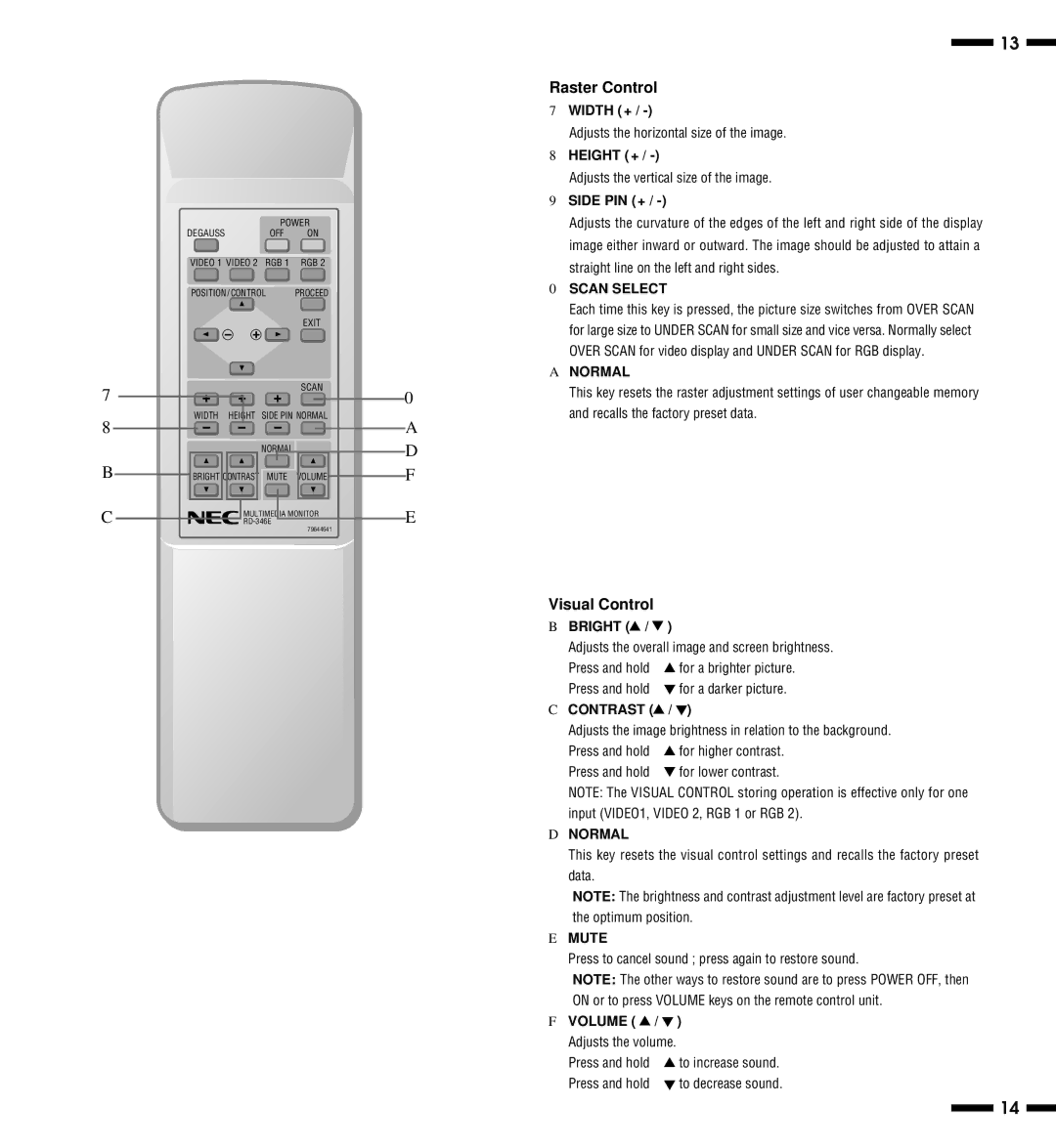 NEC XP29, XM29 Plus, XP29 Plus, XM29 Plus user manual Raster Control, Visual Control, Scan Select, Normal, Mute 