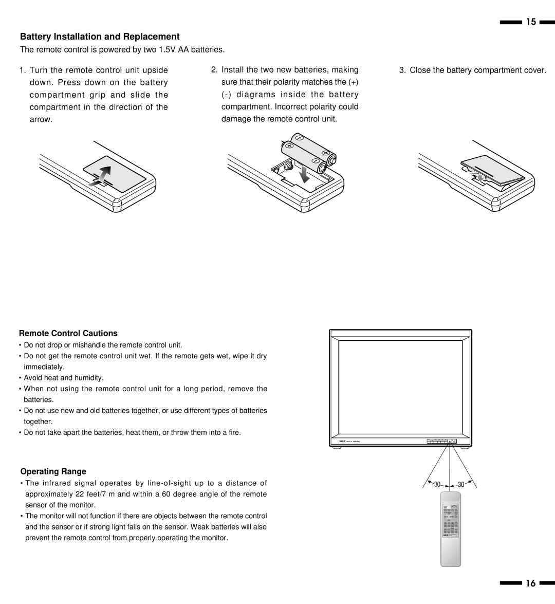 NEC XP29 Plus, XM29 Plus, XP29, XM29 Plus Battery Installation and Replacement, Remote Control Cautions, Operating Range 