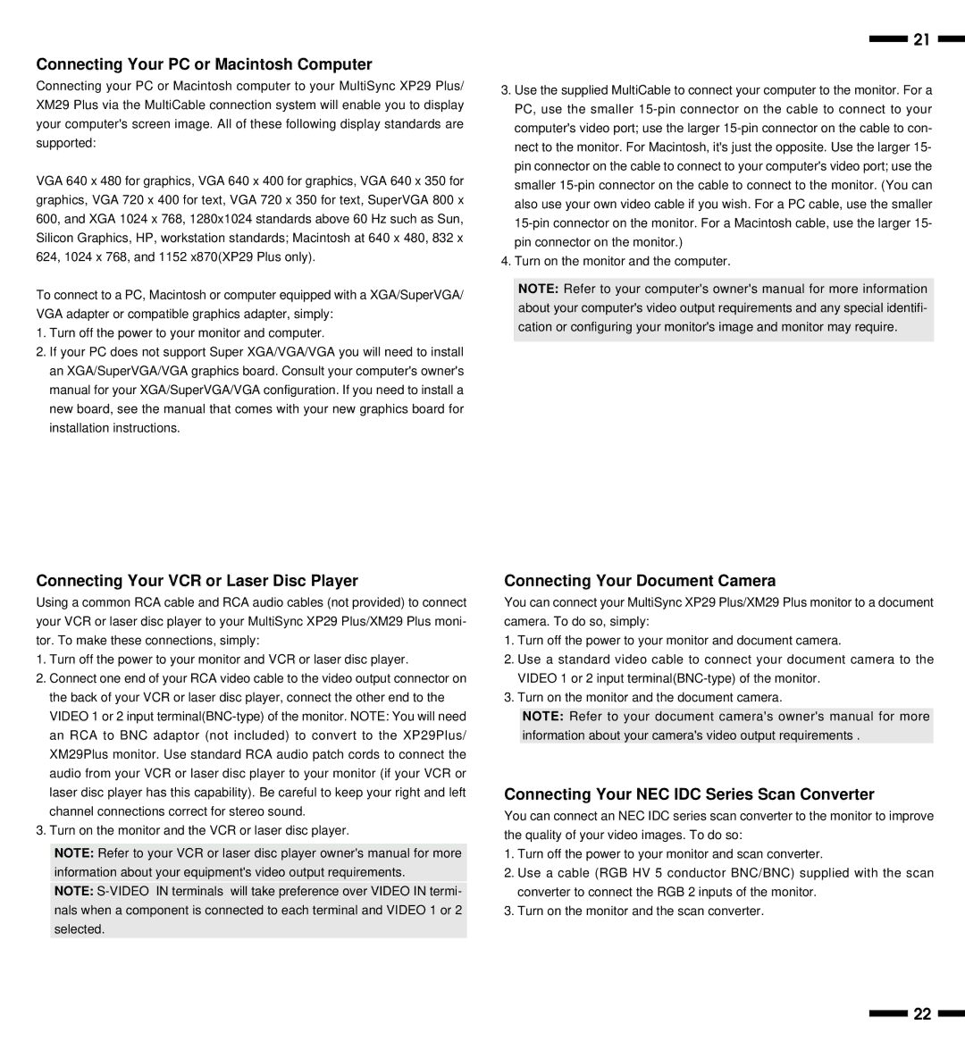 NEC XP29, XM29 Plus user manual Connecting Your PC or Macintosh Computer, Connecting Your VCR or Laser Disc Player 