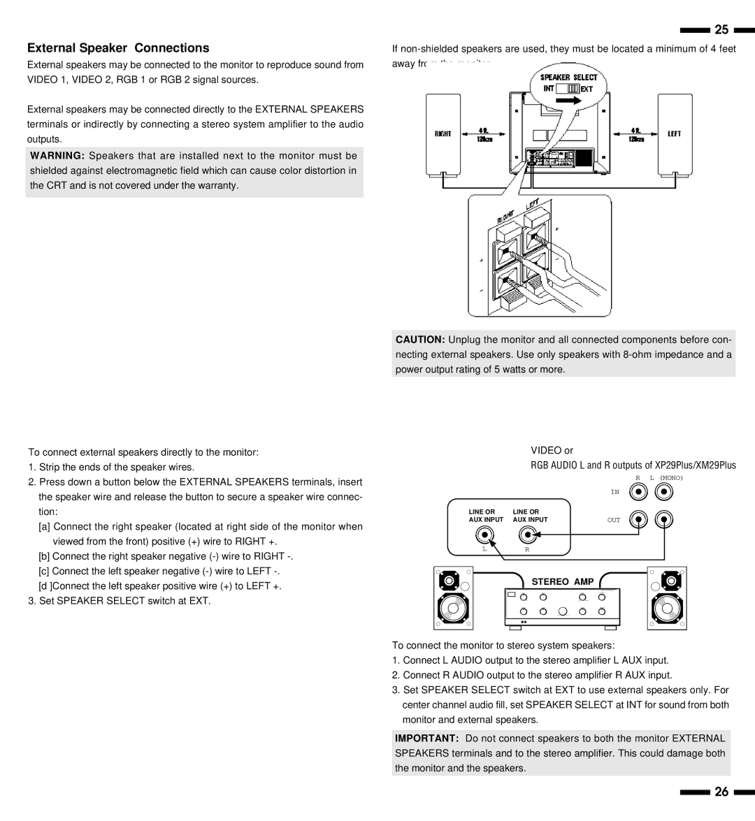 NEC XP29, XM29 Plus, XP29 Plus, XM29 Plus user manual External Speaker Connections 