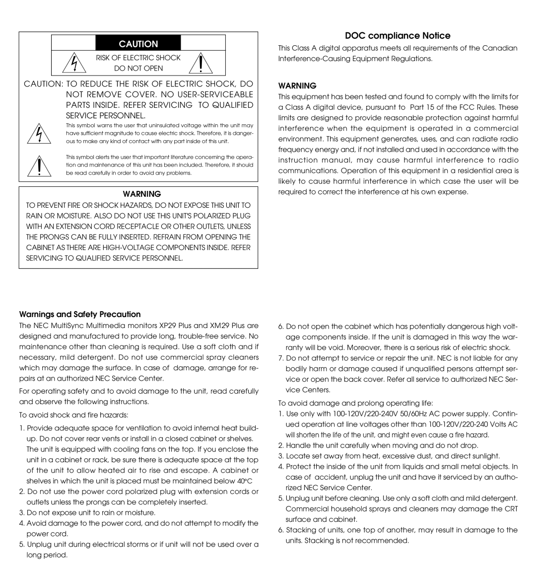 NEC XP29, XM29 Plus, XP29 Plus, XM29 Plus user manual DOC compliance Notice, Risk of Electric Shock Do not Open 