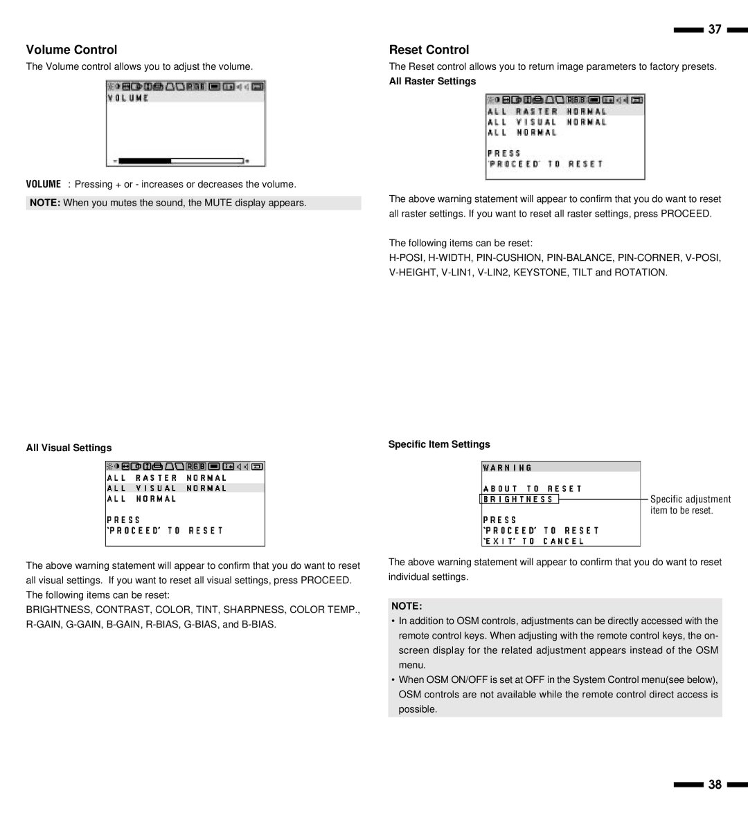 NEC XP29, XM29 Plus Volume Control, Reset Control, All Visual Settings, All Raster Settings, Specific Item Settings 