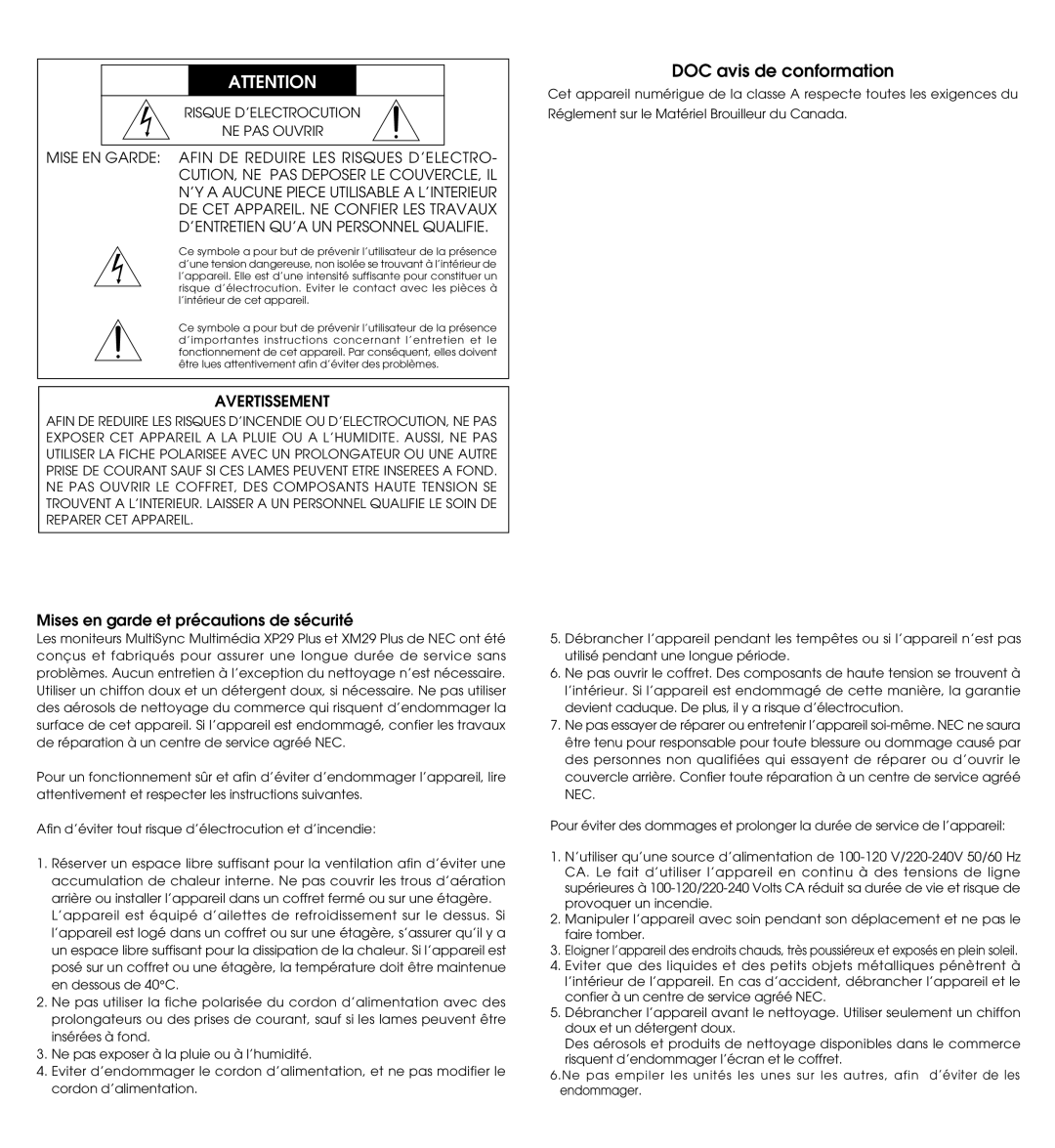 NEC XP29 Plus, XM29 Plus, XP29, XM29 Plus user manual DOC avis de conformation, Avertissement 