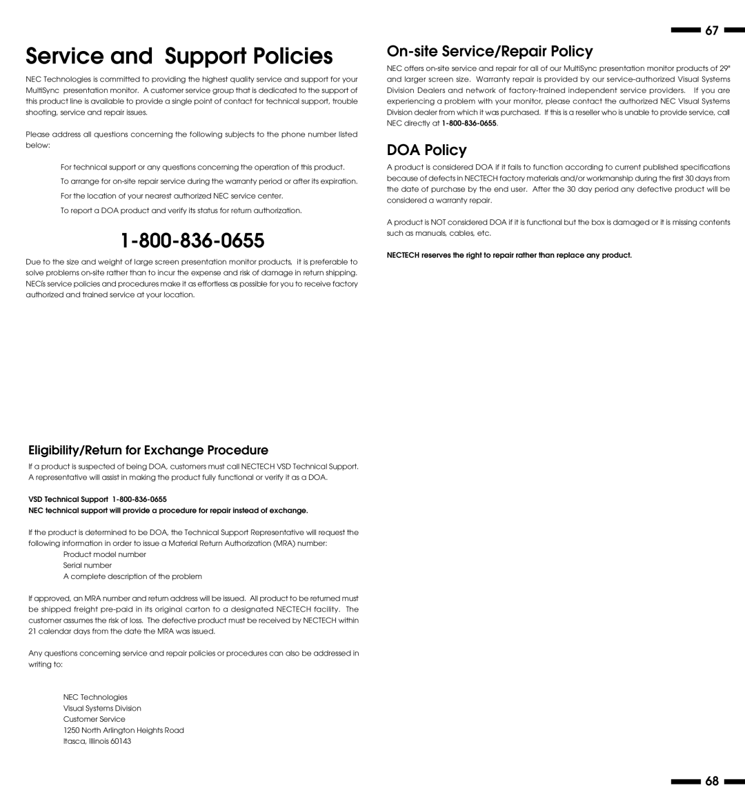 NEC XP29 Plus, XM29 Plus, XP29, XM29 Plus Service and Support Policies, Eligibility/Return for Exchange Procedure 