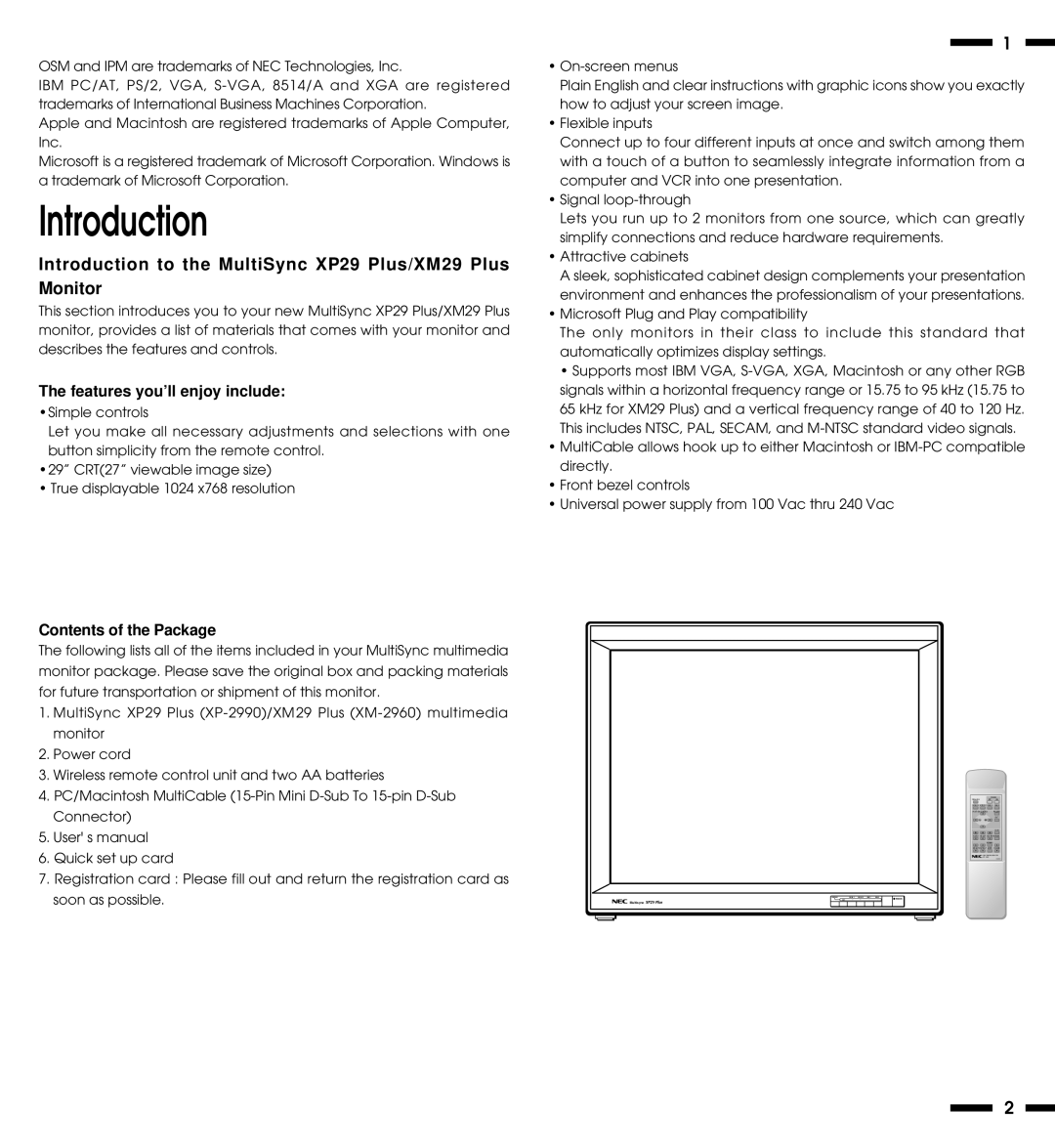 NEC XP29, XM29 Plus Introduction to the MultiSync XP29 Plus/XM29 Plus Monitor, Features you’ll enjoy include 