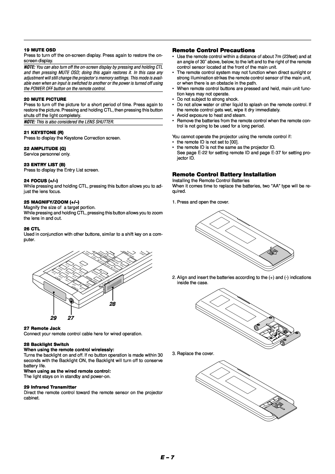 NEC XT9000 Remote Control Precautions, Remote Control Battery Installation, NOTE This is also considered the LENS SHUTTER 