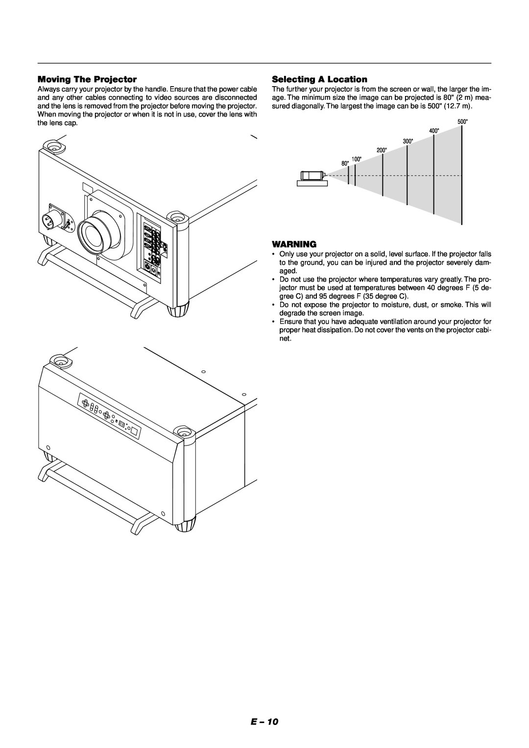 NEC XT9000 user manual Moving The Projector, Selecting A Location 