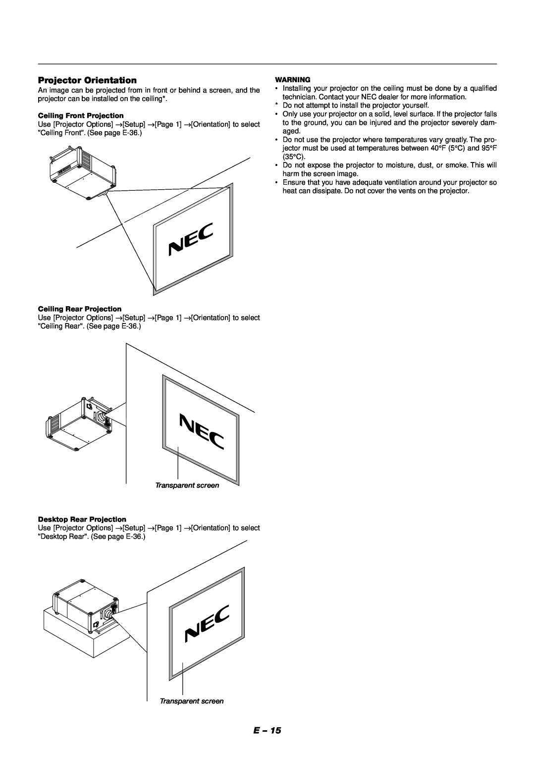 NEC XT9000 user manual Projector Orientation, Ceiling Front Projection, Ceiling Rear Projection, Desktop Rear Projection 