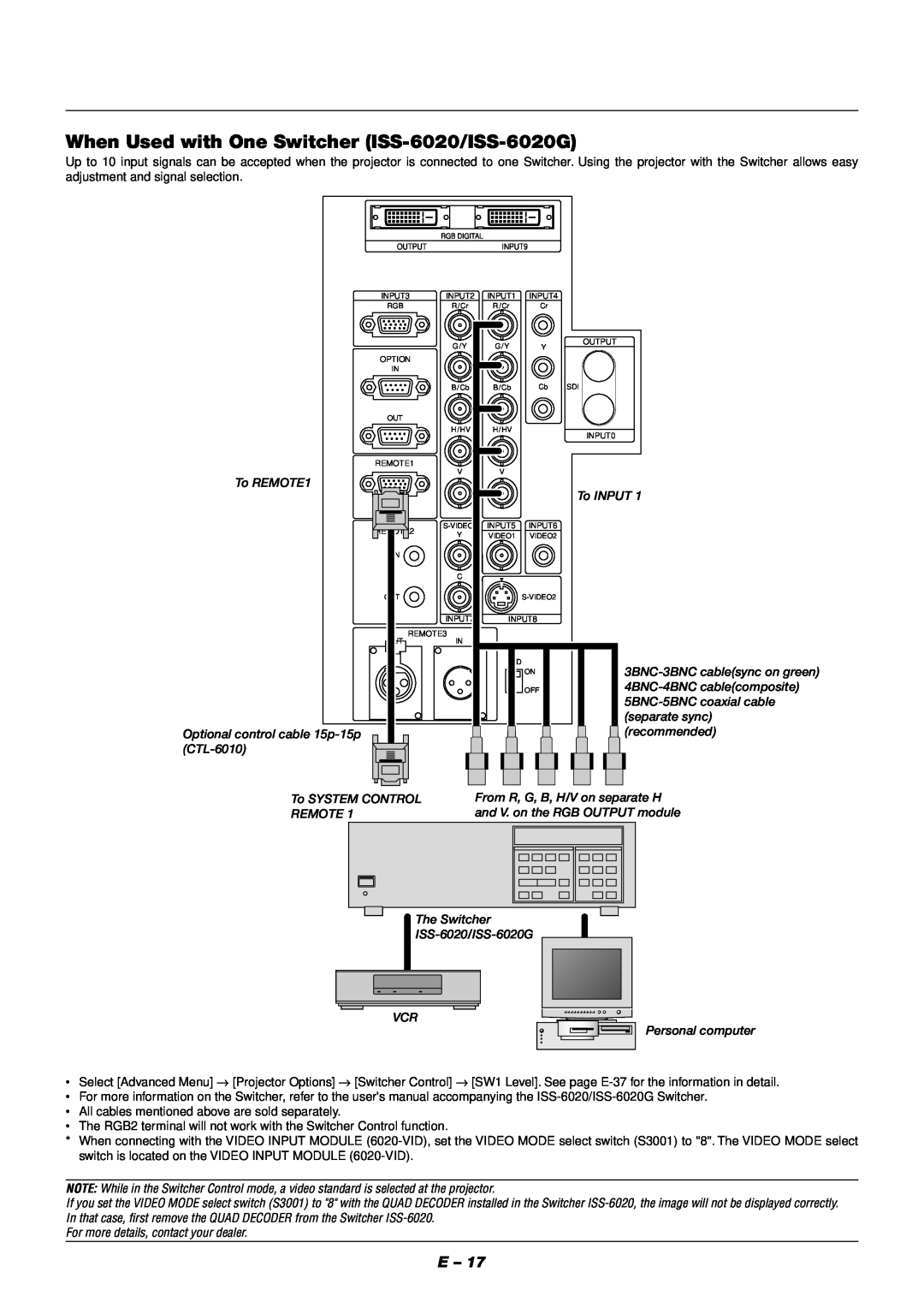 NEC XT9000 user manual When Used with One Switcher ISS-6020/ISS-6020G, For more details, contact your dealer 