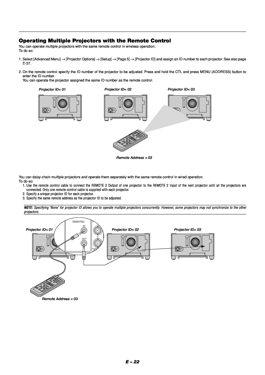 NEC XT9000 user manual Operating Multiple Projectors with the Remote Control 
