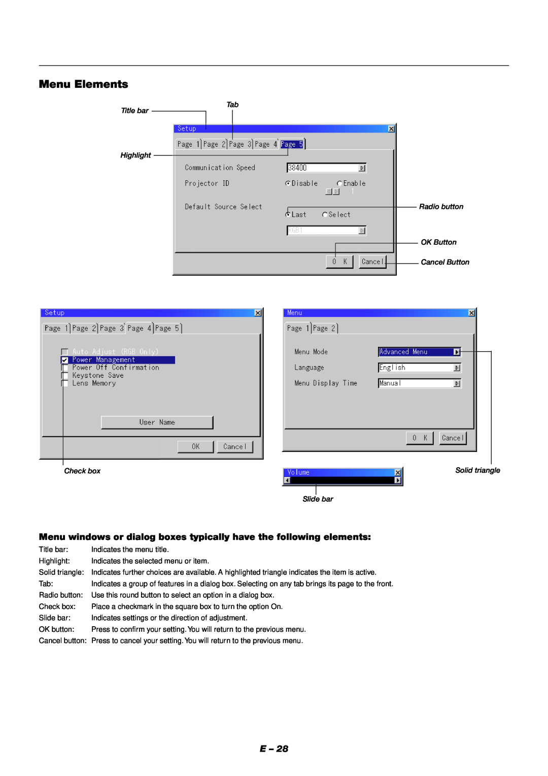NEC XT9000 user manual Menu Elements, Menu windows or dialog boxes typically have the following elements 