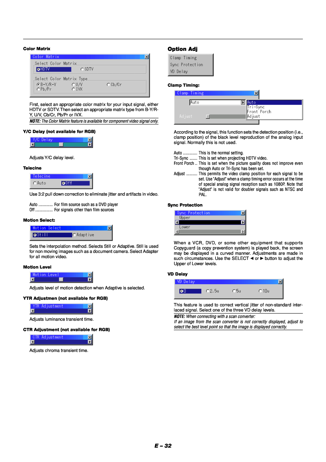 NEC XT9000 user manual Option Adj, NOTE When connecting with a scan converter 