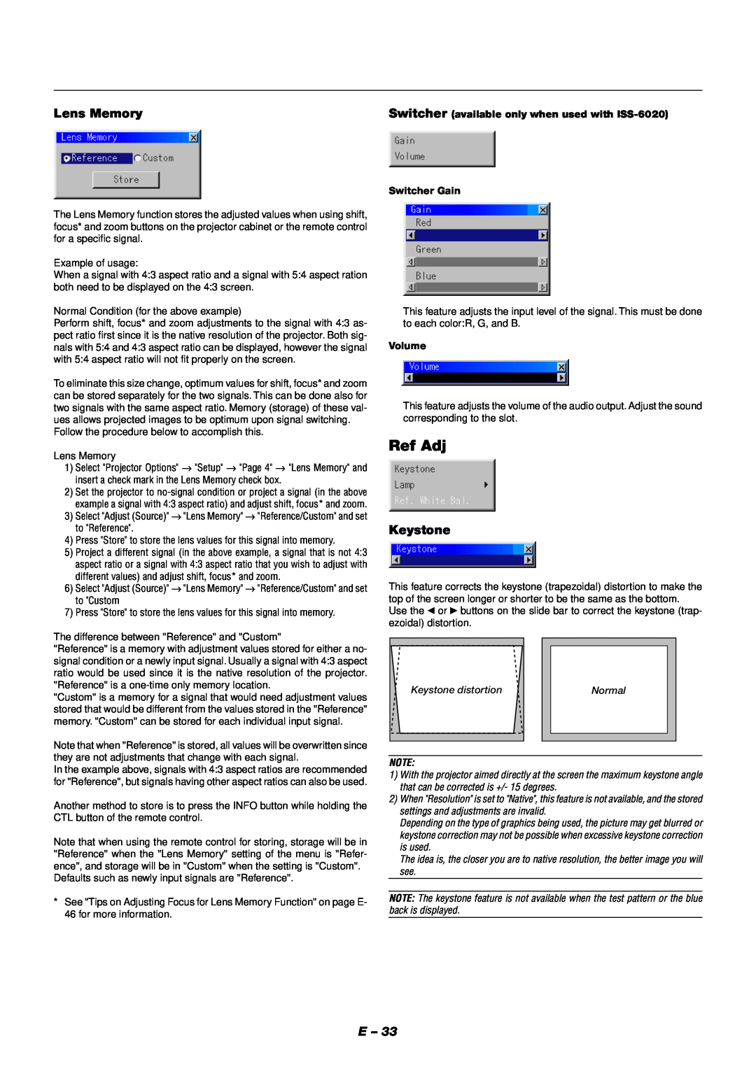 NEC XT9000 user manual Ref Adj, Lens Memory, Keystone 