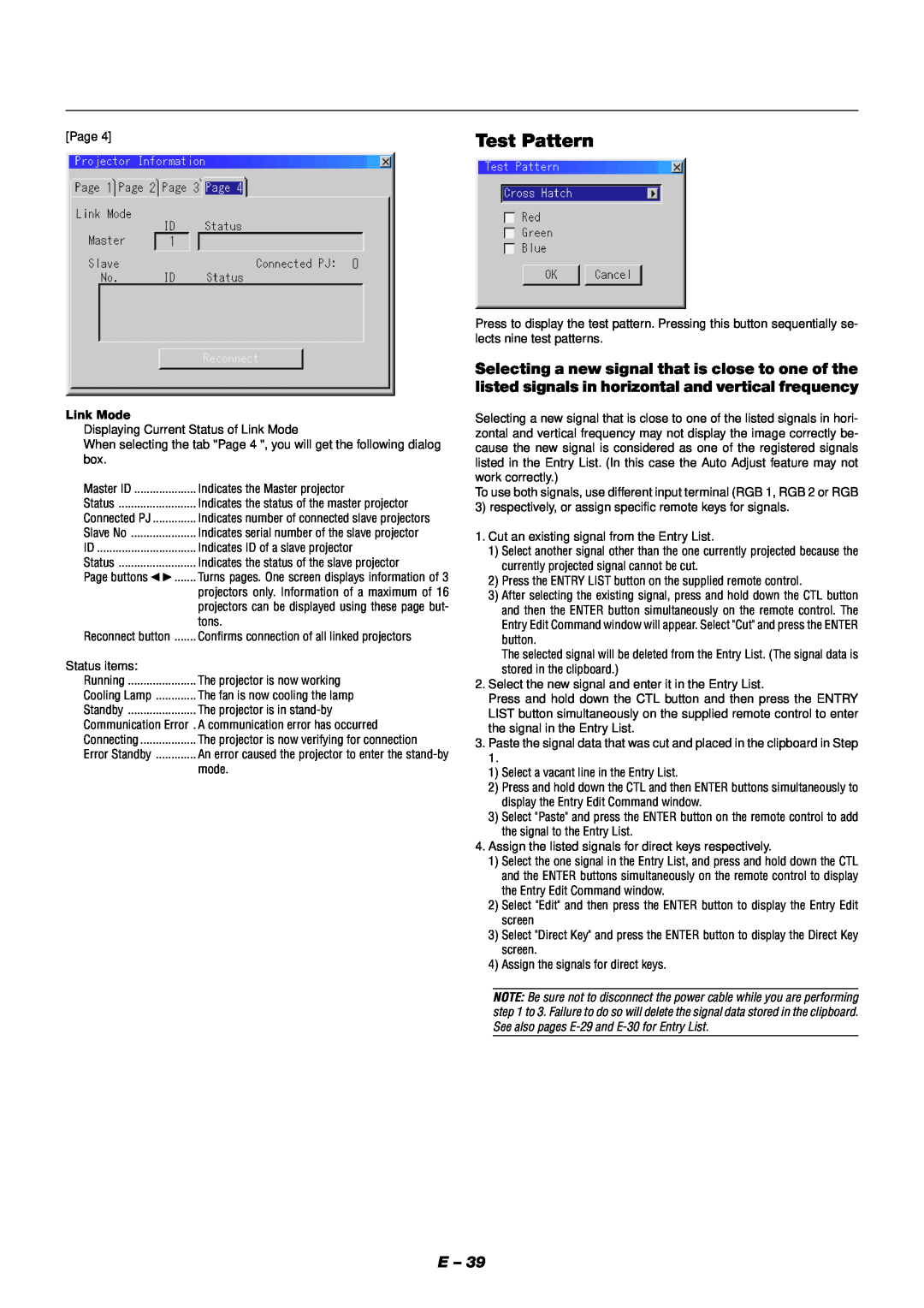 NEC XT9000 user manual Test Pattern, Link Mode 