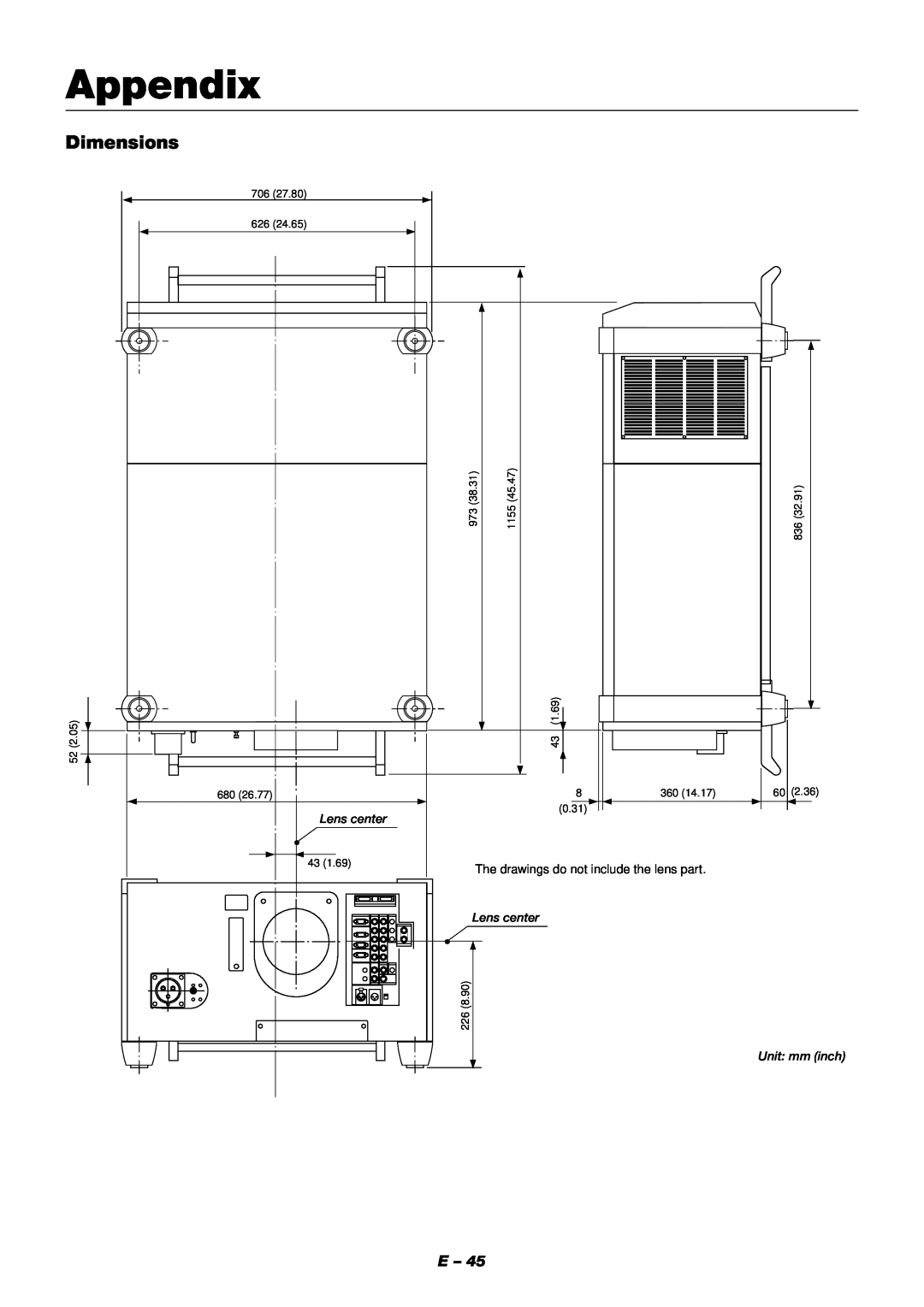 NEC XT9000 user manual Appendix, Dimensions, The drawings do not include the lens part 