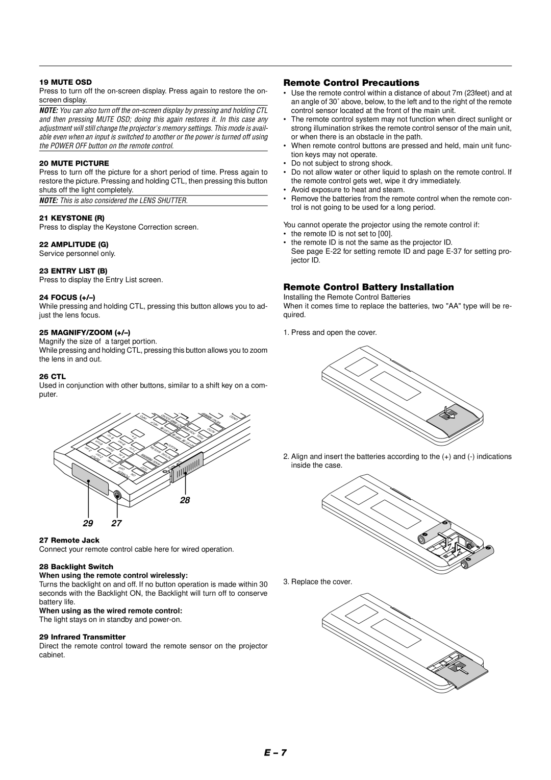 NEC XT9000 user manual Remote Control Precautions, Remote Control Battery Installation 