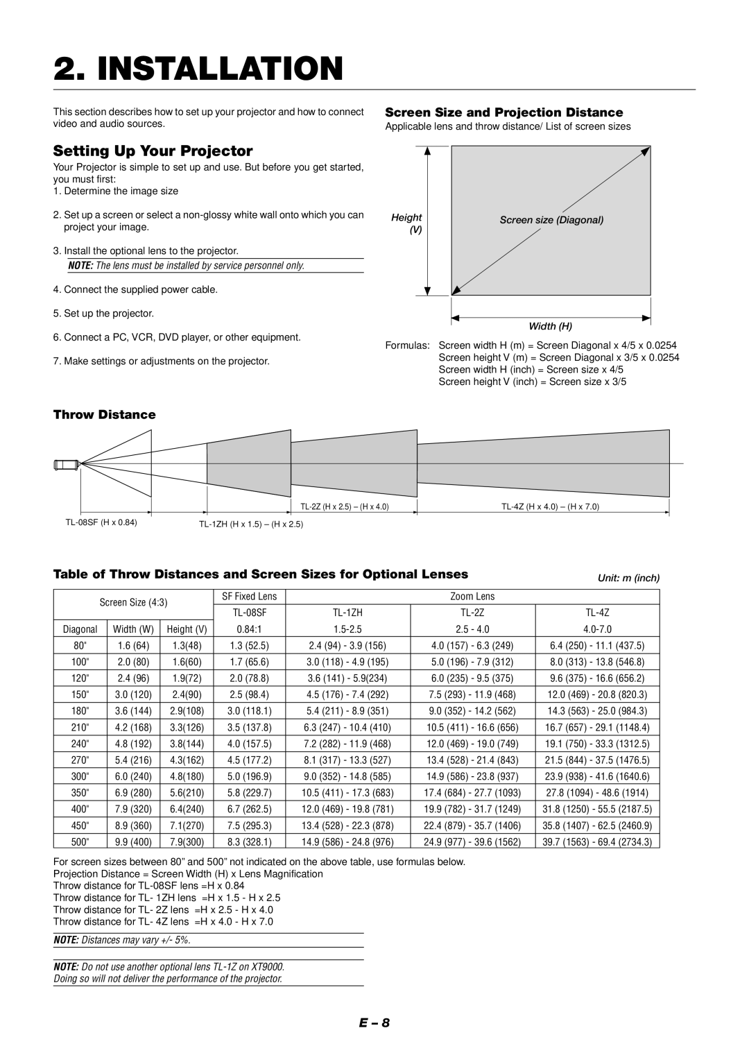 NEC XT9000 user manual Installation, Setting Up Your Projector, Throw Distance Screen Size and Projection Distance 