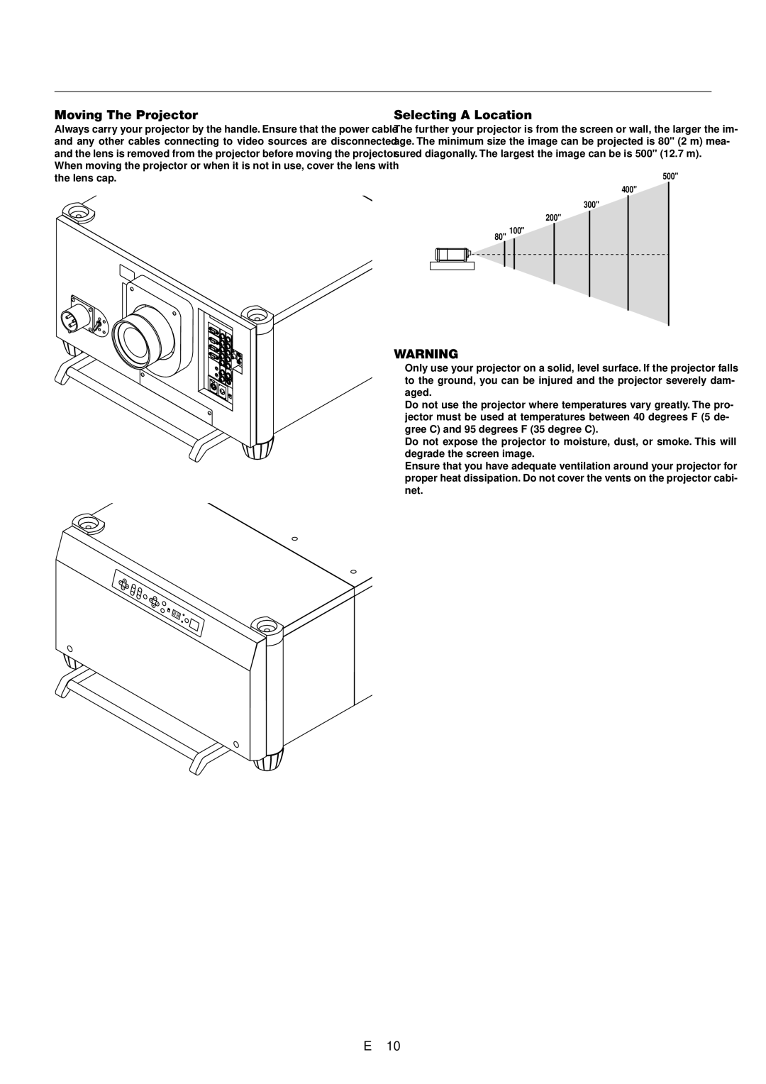 NEC XT9000 user manual Moving The Projector, Selecting a Location 