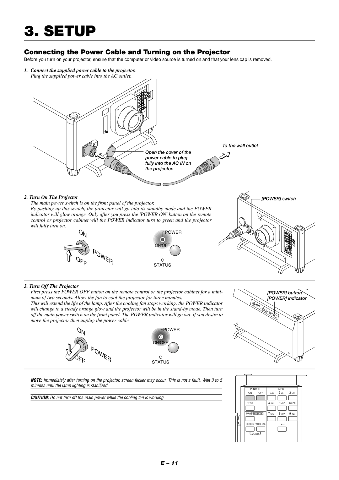 NEC XT9000 user manual Setup, Connecting the Power Cable and Turning on the Projector 